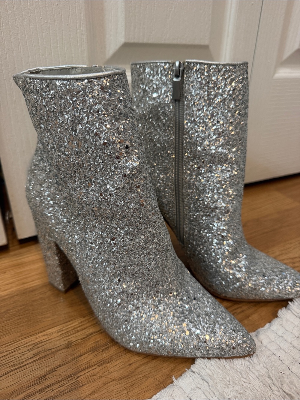 Shoe Dazzle Silver Glitter Pointed Ankle Boots with Block Heel
